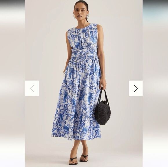 ANTHROPOLOGIE Sleeveless Poplin Floral Smocked Midi Dress Women's Size S - Picture 6 of 7